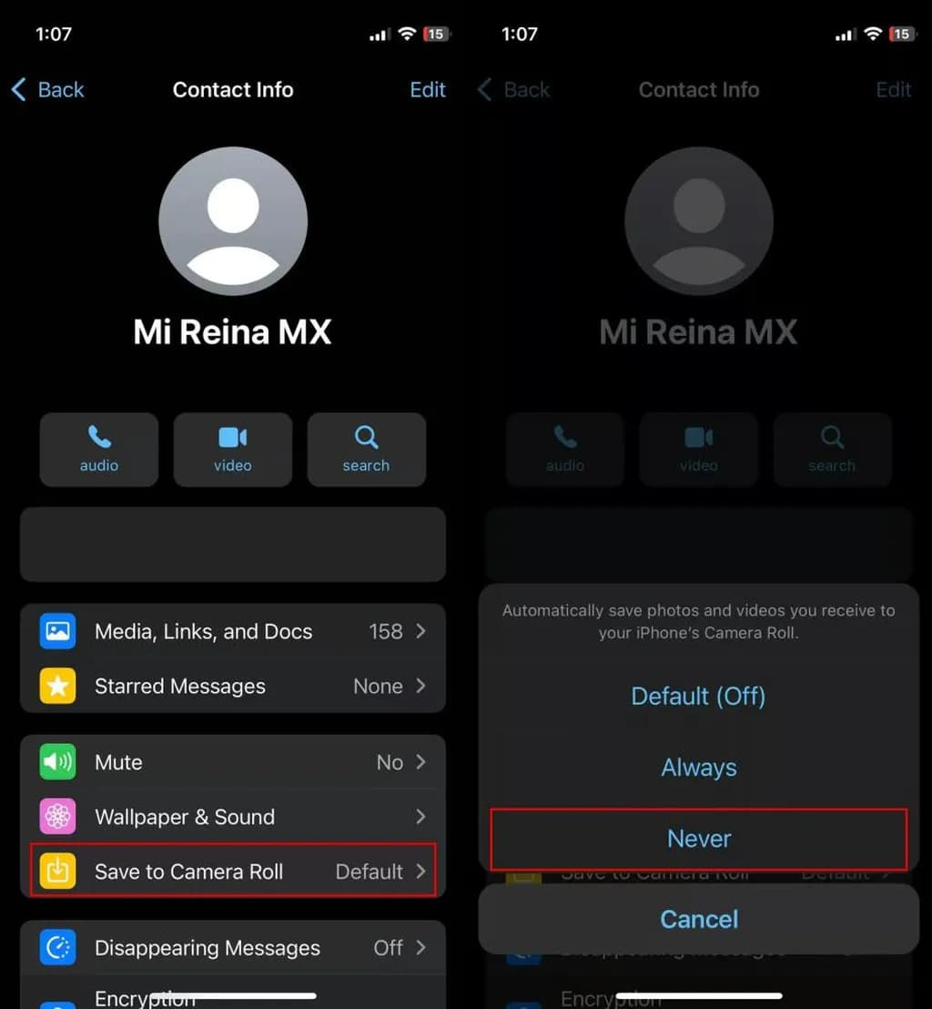عدم ذخیره عکس و فیلم مخاطب خاص در گالری واتساپ آیفون