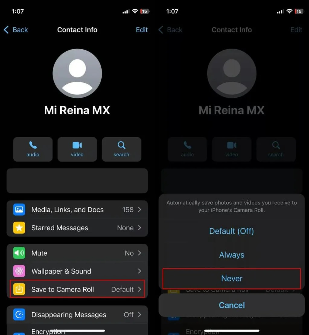 عدم ذخیره عکس و فیلم مخاطب خاص در گالری واتساپ آیفون