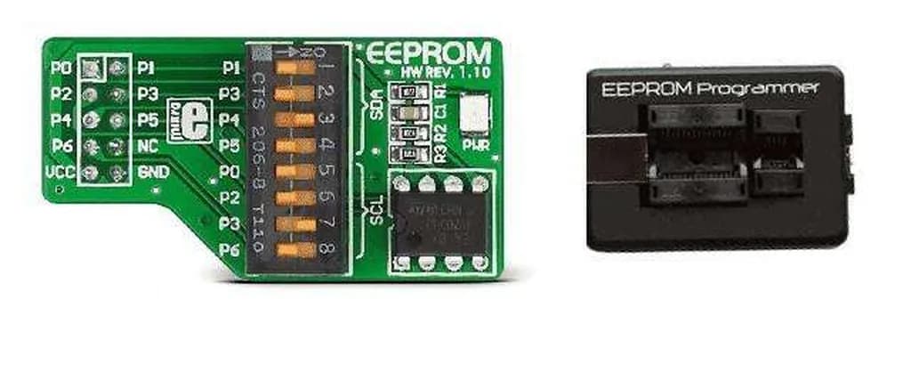 شکل 5. حافظه رام برنامهپذیر پاکشونده با برق (EEPROM) در سمت چپ و دستگاه برنامهنویسی آن در سمت راست