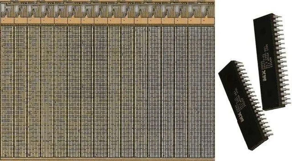 شکل 3. سمت راست: تراشههای حافظه رام ماسک (MROM)؛ سمت چپ: نمایی نزدیک از ساختار حافظه MROM