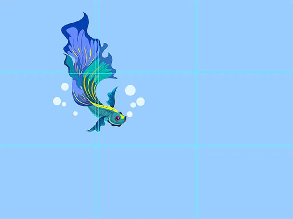 تصویر 6. ترکیببندی تصویر با توجه به جهت نگاه و حرکت ماهی کمی تغییر کرد. اینبار ماهی، روی نقطه یکسومِ بالایی سمت چپ جای گرفت. با اینکار جلوی نگاه ماهی و در جهتی که حرکت میکند، فضای خالی کافی ایجاد میشود و نتیجتا نگاه بیننده نیز بهنرمی در همان مسیر حرکت میکند، لذا پویایی و تحرک درونیِ تصویر افزایش مییابد. (وکتور ماهی از تارنمای 20print.ir)